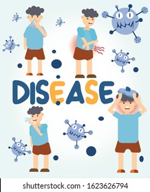 cartoon boy character suffering from different symptoms with text captions describing disease kind vector illustration