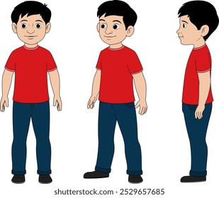 Cartoon Boy Character Turnaround Vector, Front, side, front three fourth, Boy Model sheet