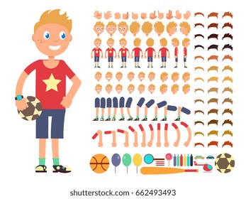 Cartoon boy character. Vector creation constructor with different emotions and body parts. Constructor boy character head leg and hand illustration