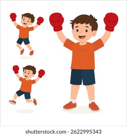 Cartoon boy character wearing boxing gloves in joyful, victorious poses. Editable character set perfect for animation, motion design, and sports-themed visual content related to boxing. Part of set.