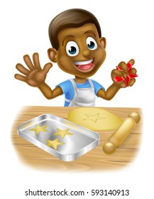 A cartoon boy child baking cookies wearing an apron