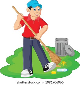 cartoon boy cleaning the yard