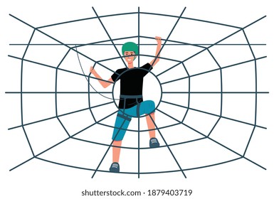 Cartoon boy climbing rope spider web in safety harness and helmet isolated on white background - happy climber man on outdoor playground. Flat vector illustration.