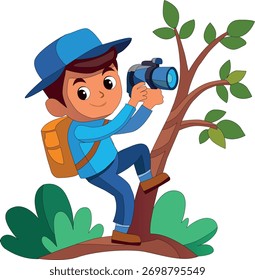 Cartoon Boy Klettern Baum und Fotografieren mit Kamera