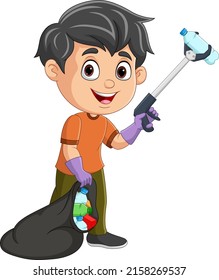 Cartoon boy collecting plastic garbage with litter stick