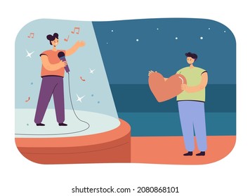 Cartoon boy confessing love to singer on stage. Male character holding heart for girl, karaoke or concert flat vector illustration. Love, romance concept for banner, website design or landing page