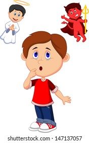 Cartoon boy confuse on choice between good and evil