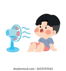 Cartoon Boy Cooling Down With Fan Kid