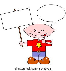 Cartoon boy with copy space in a blank signpost & speech bubble