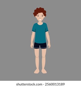 Cartoon boy with curly hair standing barefoot against a grey background