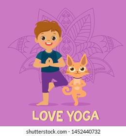 Cartoon Boy and Cute Cat In Yoga Pose. Vector Illustration.Practices Yoga Vector Banner. Kid Yoga Logo.
