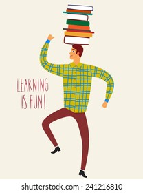 Cartoon boy dancing with books on his head. Vector illustration about education