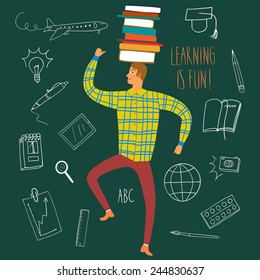 Cartoon boy dancing with books on his head on green background. Vector illustration about education