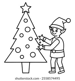 a cartoon of a boy decorating a christmas tree with a star on it.