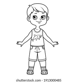 Cartoon boy in denim shorts, shark tank top and sandals outline for coloring on a white background