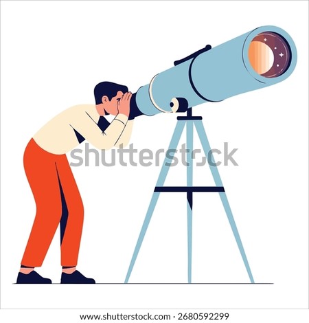 cartoon boy discovering constellations through telescope vector art isolated on white background