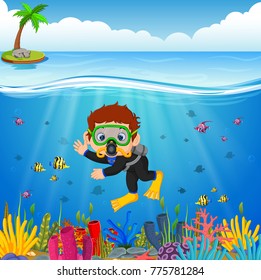 Cartoon boy diving in the sea