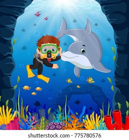 Cartoon boy diving in the sea with dolphin