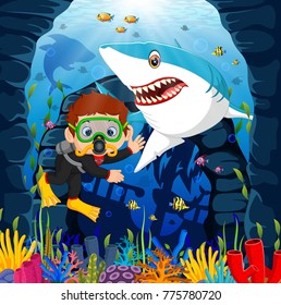 Cartoon boy diving in the sea with shark