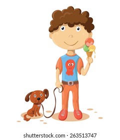 Cartoon boy with dog isolated on white background