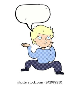 cartoon boy doing crazy dance with speech bubble