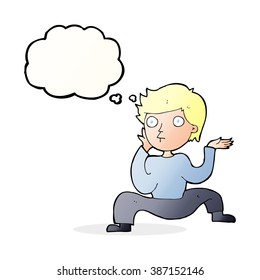 cartoon boy doing crazy dance with thought bubble