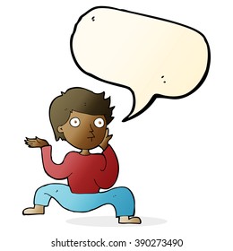 cartoon boy doing crazy dance with speech bubble