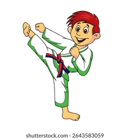 Cartoon Boy fazendo Karate no fundo branco 