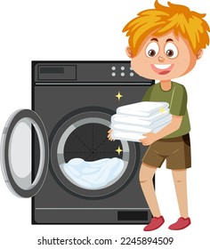 Cartoon boy doing laundry with washing machine illustration