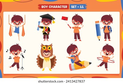 Cartoon Boy Doing Various Activities