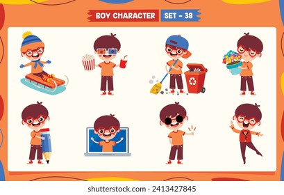 Cartoon Boy Doing Various Activities