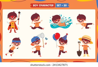 Cartoon Boy Doing Various Activities