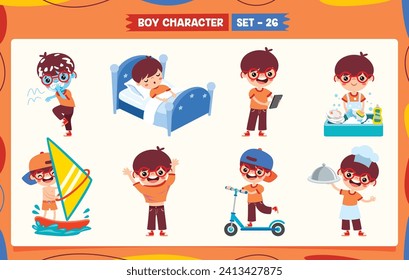 Cartoon Boy Doing Various Activities