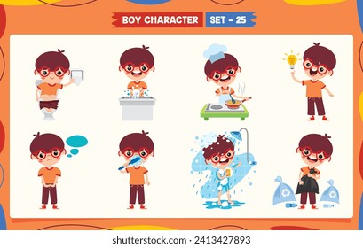 Niño de caricatura haciendo varias actividades