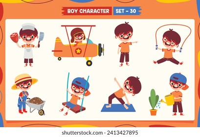 Cartoon Boy Doing Various Activities