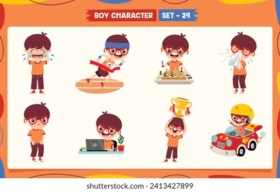 Cartoon Boy Doing Various Activities