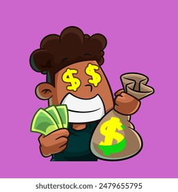 Cartoon Boy with Dollar Signs Eyes Holding Money Wealth and Success Illustration