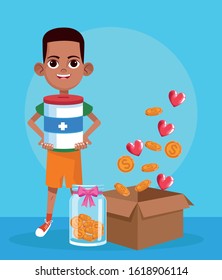 cartoon boy with donation tin, bottle with coins and box over blue background, colorful design, vector illustration