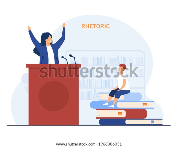 Cartoon boy dreaming of becoming orator. Flat\
vector illustration. Tiny boy sitting on giant book heap, listening\
to woman making public speech. Rhetoric, oratory, speaking,\
education concept