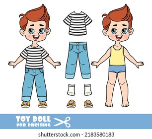 Cartoon boy dressed and clothes separately - striped T-shirt, blue jeans and orange sneakers doll for dressing