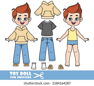 Cartoon-Junge, gekleidet und Kleidung einzeln - T-Shirt, Jeans, beige-hoodie und orangefarbene Turnschuhe zum Anziehen 