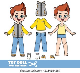 Cartoon boy dressed and clothes separately - T-shirt with long sleeve, jeans, quilted padded vest and orange sneakers doll for dressing