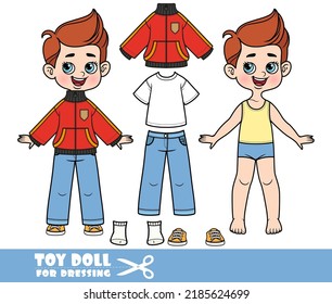 Cartoon boy dressed and clothes separately - white basic T-shirt, jeans, padded demi-season jacket and orange sneakers doll for dressing