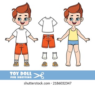 Cartoon boy dressed and clothes separately - white basic T-shirt, red shorts and orange sneakers doll for dressing