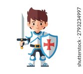 A cartoon boy dressed as a knight with a sword and shield standing confidently.