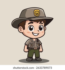 Cartoon boy dressed as a park ranger, wearing a hat with a badge, uniform shirt with pockets, belt, and pants, smiling with large, expressive eyes.