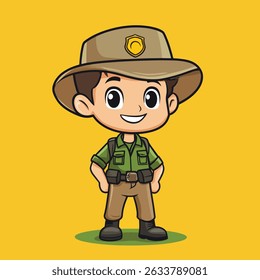 Cartoon boy dressed as a park ranger with a safari hat, green shirt, and khaki pants, smiling with hands on his hips.