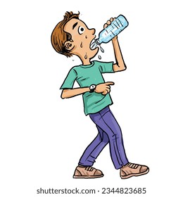 Cartoon a boy drinks water from a plastic bottle while he walks.