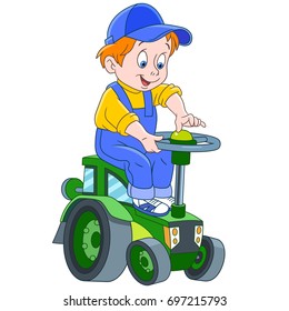 Cartoon boy driving a tractor, isolated on white background. Colorful book page design for kids and children.