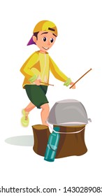 Cartoon Boy Drum Hit Camp Pot on Tree Stump with Stick Vector Illustration. Funny Kid Drummer, Percussion Performance Oundoors. Nature Concert. Family Picnic Camping. Noisy Music Player